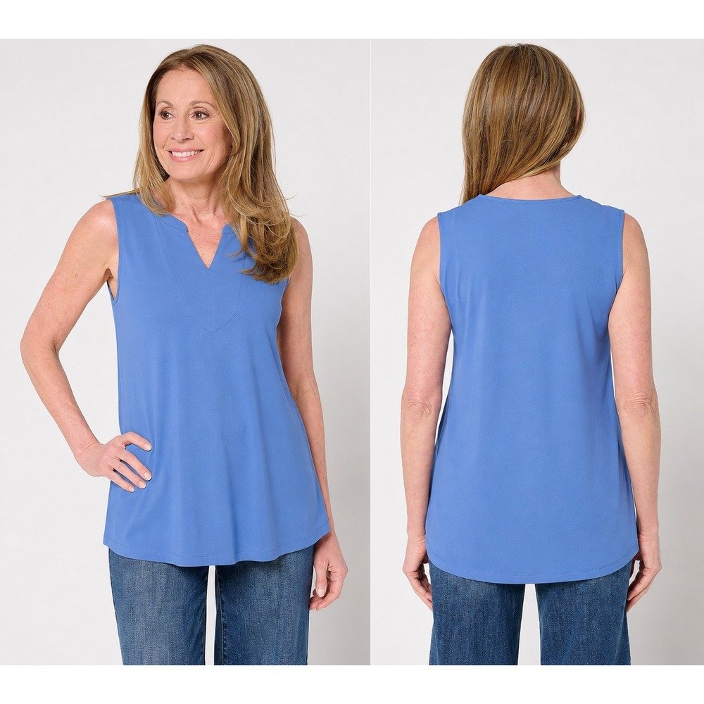 Susan Graver Petite Modern Essentials Liguid Knit A-Line Tu Blue Fog, PS  #23-